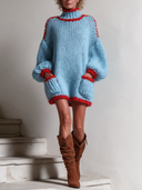 Women’s Casual, Loose-fit, Light Blue, Chunky-knit Turtleneck Sweater Mini Dress ZMZ2782J9XT