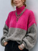 Women’s Fashionable Pink And Grey Color-Block High-Neck Knitted Pullover Sweater ZMZ2720J6SWL