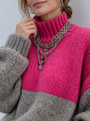 Women’s Fashionable Pink And Grey Color-Block High-Neck Knitted Pullover Sweater ZMZ2720J6SWL