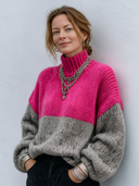 Women’s Fashionable Pink And Grey Color-Block High-Neck Knitted Pullover Sweater ZMZ2720J6SWL