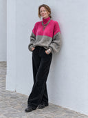 Women’s Fashionable Pink And Grey Color-Block High-Neck Knitted Pullover Sweater ZMZ2720J6SWL