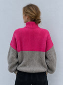 Women’s Fashionable Pink And Grey Color-Block High-Neck Knitted Pullover Sweater ZMZ2720J6SWL
