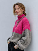 Women’s Fashionable Pink And Grey Color-Block High-Neck Knitted Pullover Sweater ZMZ2720J6SWL