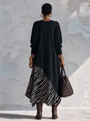 Women’s Vintage-style Casual Long-sleeved Maxi Dress Featuring A Mix Of Air-layer Fabric And Velvet, Designed With A Round Neckline ZMZ2723J5ZYY
