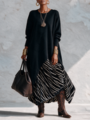 Women’s Vintage-style Casual Long-sleeved Maxi Dress Featuring A Mix Of Air-layer Fabric And Velvet, Designed With A Round Neckline ZMZ2723J5ZYY