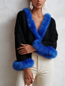 Women's Retro Casual Knit Color Block Faux Fur Patchwork Collarless Cardigan ZMZ2766J5ZJY