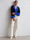 Women's Retro Casual Knit Color Block Faux Fur Patchwork Collarless Cardigan ZMZ2766J5ZJY
