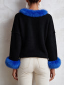 Women's Retro Casual Knit Color Block Faux Fur Patchwork Collarless Cardigan ZMZ2766J5ZJY