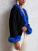 Women's Retro Casual Knit Color Block Faux Fur Patchwork Collarless Cardigan ZMZ2766J5ZJY