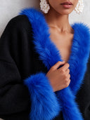 Women's Retro Casual Knit Color Block Faux Fur Patchwork Collarless Cardigan ZMZ2766J5ZJY