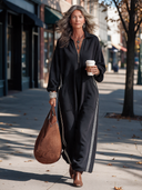 Women’s Vintage-Style Casual Long-Sleeve Maxi Dress In Air-Layer Fabric With Lapel Collar And Zipper ZMZ2704J8ZYY