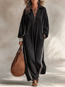 Women’s Vintage-Style Casual Long-Sleeve Maxi Dress In Air-Layer Fabric With Lapel Collar And Zipper ZMZ2704J8ZYY