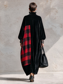 Women’s Vintage-Style Casual Loose-Fit Maxi Dress With Stand Collar, Zipper, And Velvet-and-Plaid Paneling ZMZ2707J4ZYY