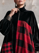 Women’s Vintage-Style Casual Loose-Fit Maxi Dress With Stand Collar, Zipper, And Velvet-and-Plaid Paneling ZMZ2707J4ZYY