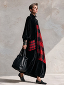 Women’s Vintage-Style Casual Loose-Fit Maxi Dress With Stand Collar, Zipper, And Velvet-and-Plaid Paneling ZMZ2707J4ZYY