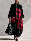 Women’s Vintage-Style Casual Loose-Fit Maxi Dress With Stand Collar, Zipper, And Velvet-and-Plaid Paneling ZMZ2707J4ZYY