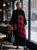 Women’s Vintage-Style Casual Loose-Fit Maxi Dress With Stand Collar, Zipper, And Velvet-and-Plaid Paneling ZMZ2707J4ZYY