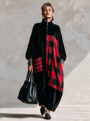 Women’s Vintage-Style Casual Loose-Fit Maxi Dress With Stand Collar, Zipper, And Velvet-and-Plaid Paneling ZMZ2707J4ZYY