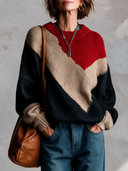 Women’s Vintage-Style Casual Color-Block Long-Sleeve Loose-Fit Crew-Neck Sweater ZMZ2732J4ZYY