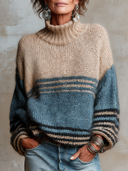Women’s Vintage-style Casual Color-block High-neck Long-sleeve Loose-fit Sweater ZMZ2741J4ZYY