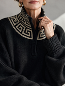 Women’s Vintage-Style Casual Jacquard Long-Sleeve Loose Sweater With A Stand-Up Collar And Buttons ZMZ2706J0ZYY