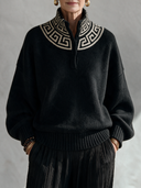 Women’s Vintage-Style Casual Jacquard Long-Sleeve Loose Sweater With A Stand-Up Collar And Buttons ZMZ2706J0ZYY