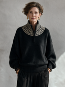 Women’s Vintage-Style Casual Jacquard Long-Sleeve Loose Sweater With A Stand-Up Collar And Buttons ZMZ2706J0ZYY