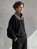 Women’s Vintage-Style Casual Jacquard Long-Sleeve Loose Sweater With A Stand-Up Collar And Buttons ZMZ2706J0ZYY