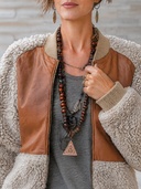 Women’s Vintage-style Casual Fleece Jacket With PU Leather-trimmed Zip Bomber Jacket ZMZ2786J6ZYY