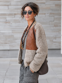 Women’s Vintage-style Casual Fleece Jacket With PU Leather-trimmed Zip Bomber Jacket ZMZ2786J6ZYY