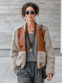 Women’s Vintage-style Casual Fleece Jacket With PU Leather-trimmed Zip Bomber Jacket ZMZ2786J6ZYY