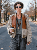 Women’s Vintage-style Casual Fleece Jacket With PU Leather-trimmed Zip Bomber Jacket ZMZ2786J6ZYY