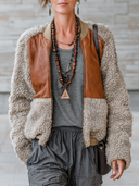 Women’s Vintage-style Casual Fleece Jacket With PU Leather-trimmed Zip Bomber Jacket ZMZ2786J6ZYY
