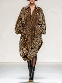 Women's Casual Brown Leopard Print Lapel Midi Dress ZMZ2788J1XT
