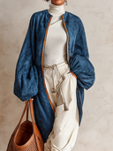 Women's Simple Blue Faux Suede Long Coat ZMZ2805J0XT