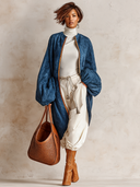 Women's Simple Blue Faux Suede Long Coat ZMZ2805J0XT