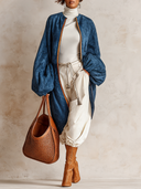 Women's Simple Blue Faux Suede Long Coat ZMZ2805J0XT
