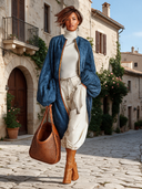 Women's Simple Blue Faux Suede Long Coat ZMZ2805J0XT