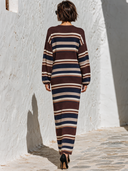 Women's Casual Brown Striped Deep V-neck Long-sleeved Knit Maxi Dress ZMZ2863J1XT