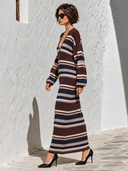 Women's Casual Brown Striped Deep V-neck Long-sleeved Knit Maxi Dress ZMZ2863J1XT