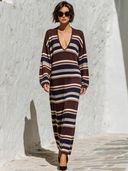 Women's Casual Brown Striped Deep V-neck Long-sleeved Knit Maxi Dress ZMZ2863J1XT