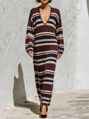 Women's Casual Brown Striped Deep V-neck Long-sleeved Knit Maxi Dress ZMZ2863J1XT