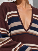 Women's Casual Brown Striped Deep V-neck Long-sleeved Knit Maxi Dress ZMZ2863J1XT