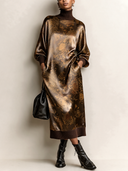 Women’s Vintage-Style Acetate Satin Printed High-Neck Long-Sleeve Midi Dress ZMZ2893J6SWL