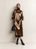 Women’s Vintage-Style Acetate Satin Printed High-Neck Long-Sleeve Midi Dress ZMZ2893J6SWL
