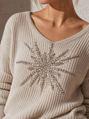 Women's V-Neck Ribbed Knit Sweater With Rhinestone Starburst Detaile ZMZ2820J0YZH