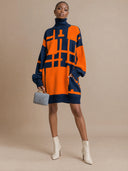 Women's Oversized Geometric Turtleneck Knit Sweater Dress Navy Orange ZMZ2856J9YZH