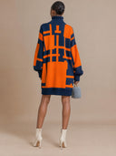 Women's Oversized Geometric Turtleneck Knit Sweater Dress Navy Orange ZMZ2856J9YZH