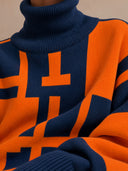 Women's Oversized Geometric Turtleneck Knit Sweater Dress Navy Orange ZMZ2856J9YZH