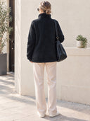 Women's Black Fleece Toggle Jacket With Stand Collar ZMZ2847J8YZH
